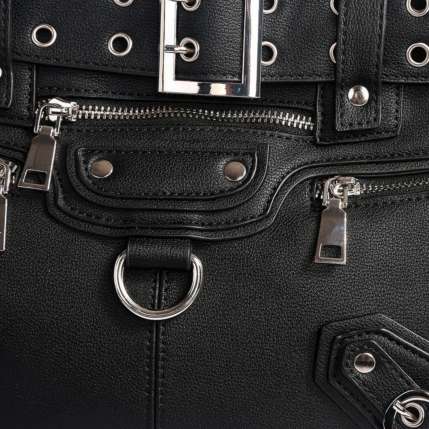 Buckle Strap Grommet Detail Black Tote Bag