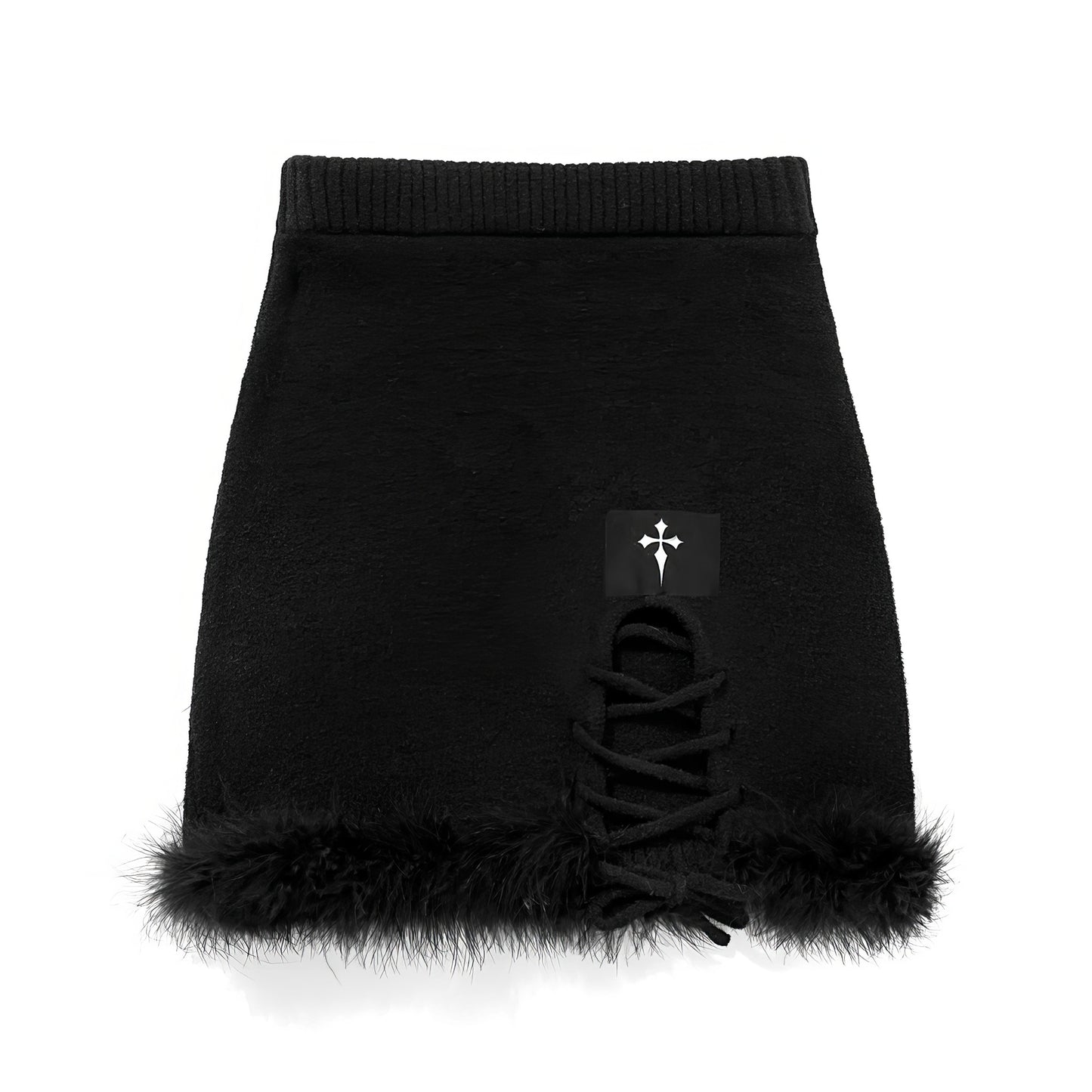 Fuzzy Trim Lace-Up Mini Skirt