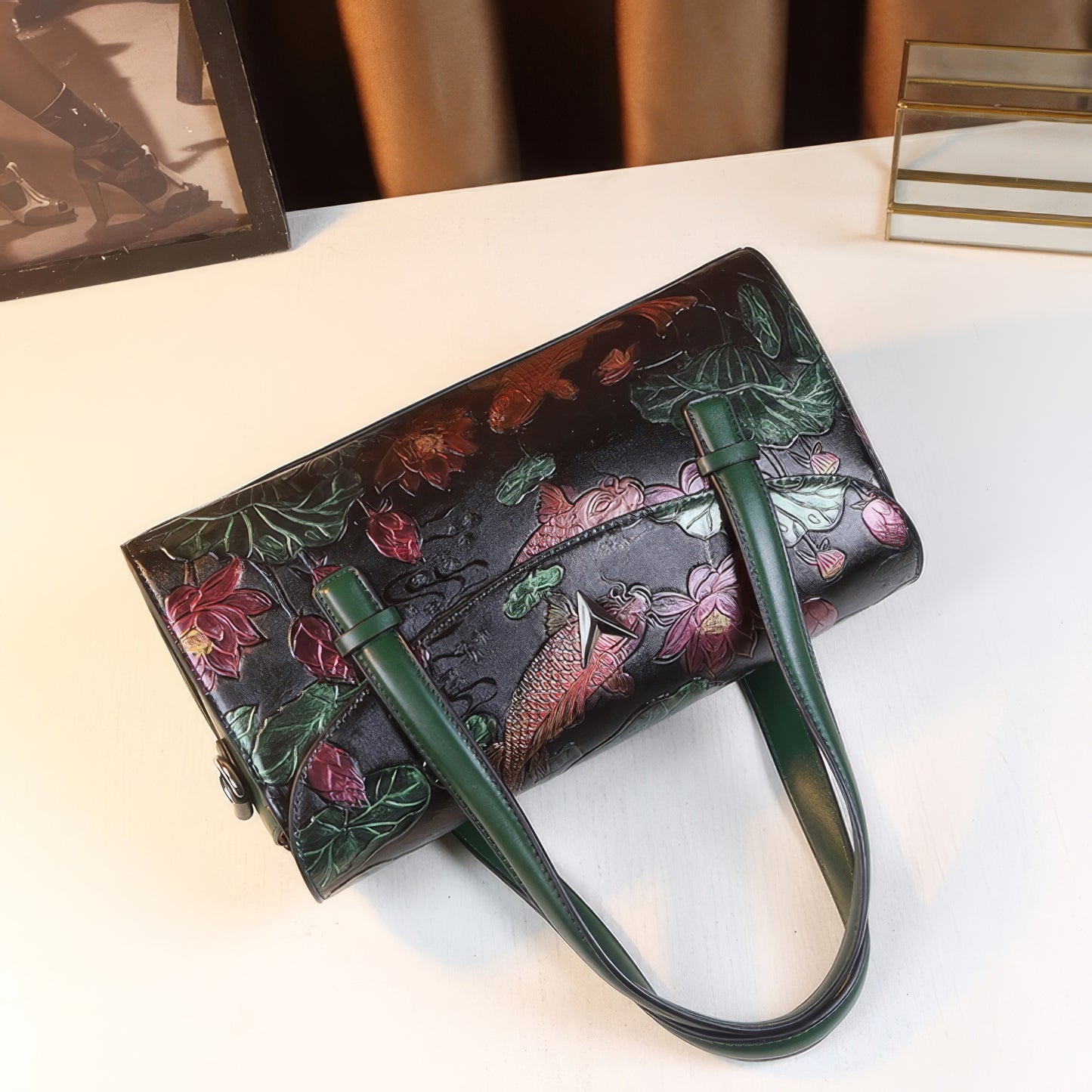 Embossed Koi Floral Green Handle Bag