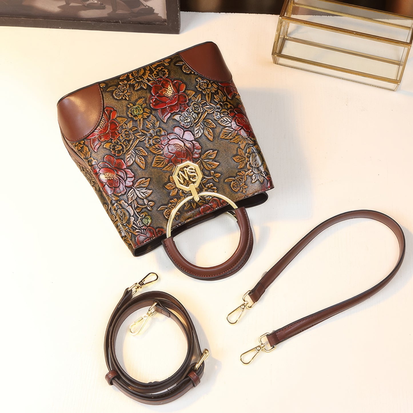 Structured Embossed Rose Top Handle Bag