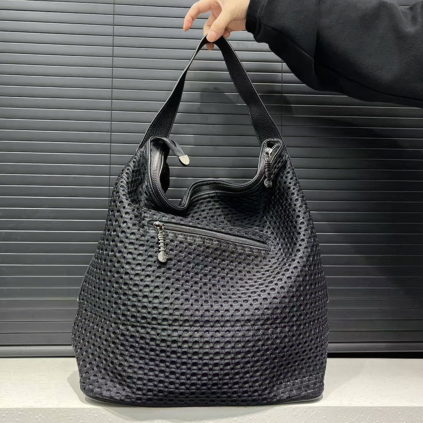 Textured Perforated Stud Shoulder Bag