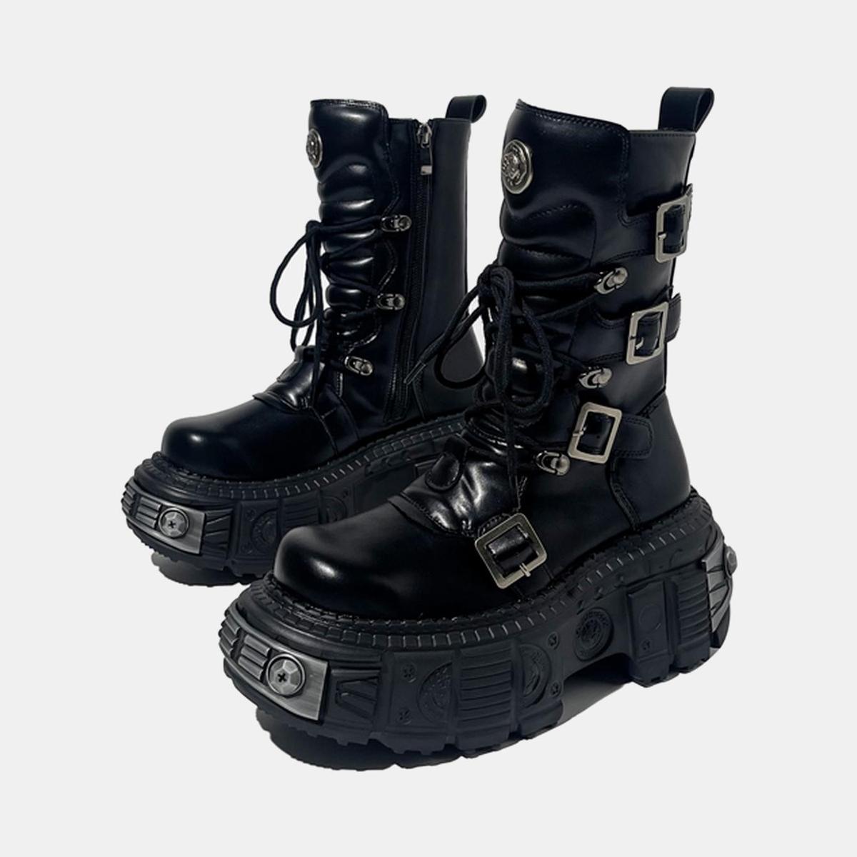 Black Cyber Buckle Platform Boots