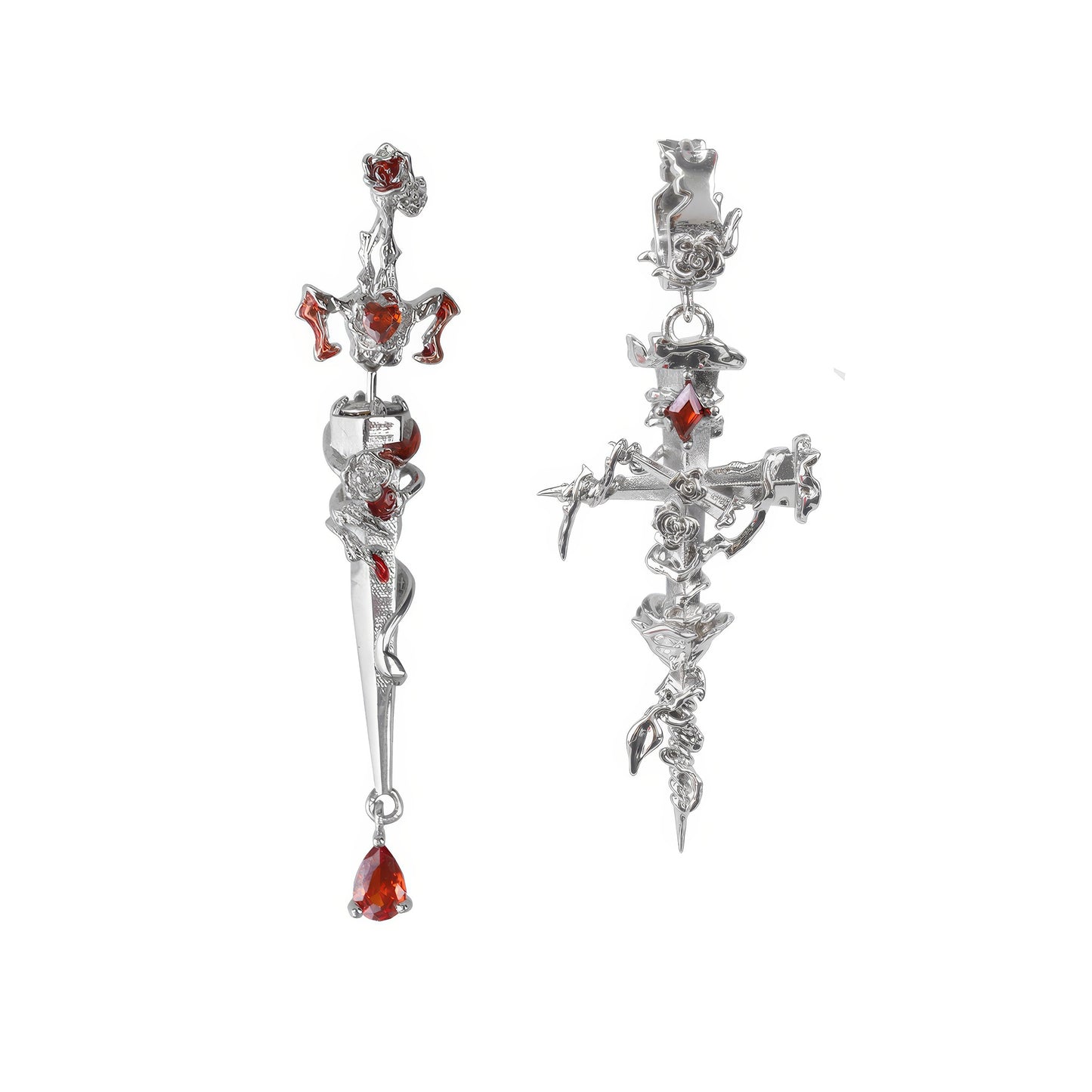 Garnet Cross Dagger Drop Earrings