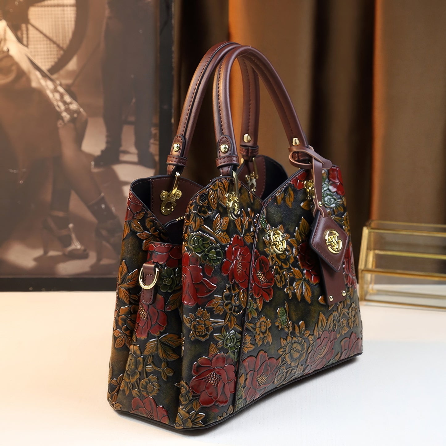 Vintage Embossed Rose Tote Bag with Gold Accents