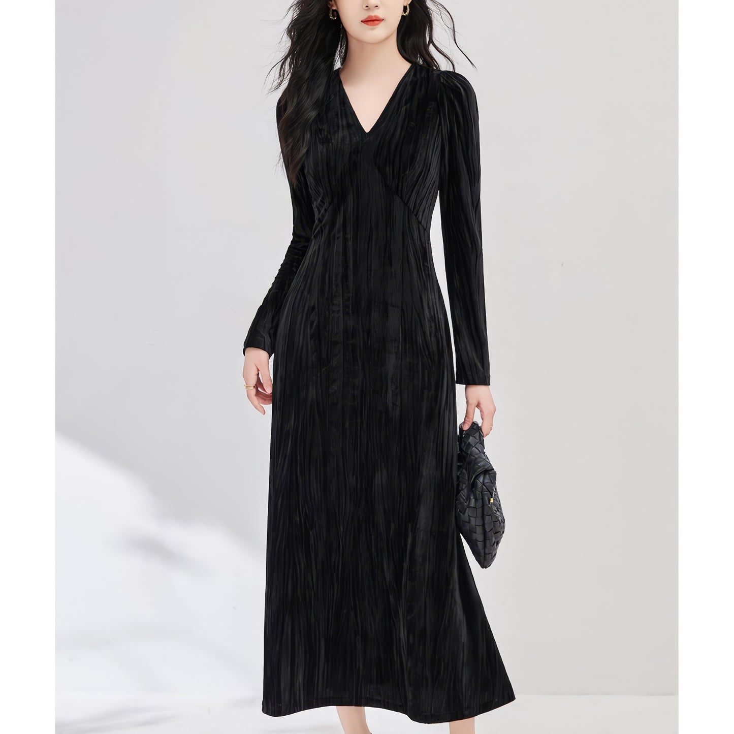 Velvet V-Neck Long Sleeve Maxi Dress