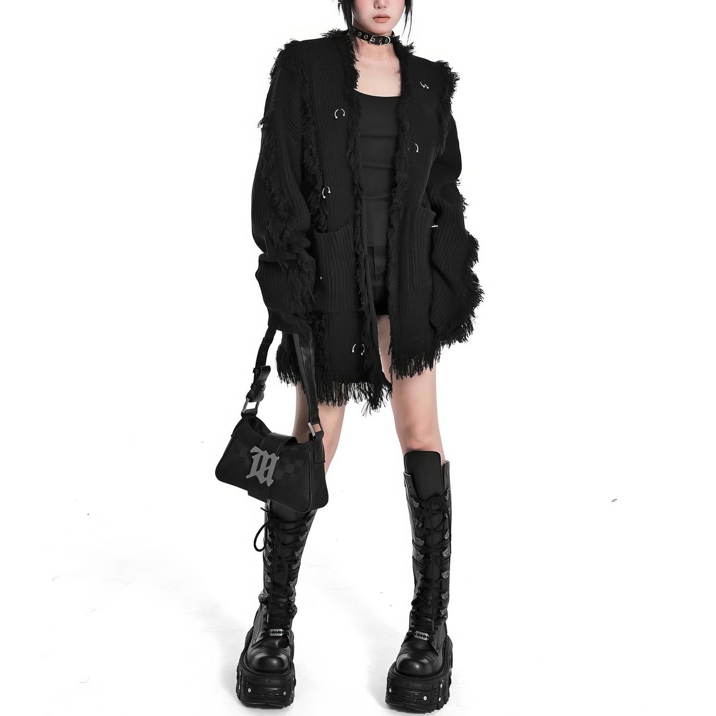 Frayed Edge Eyelet Knit Cardigan
