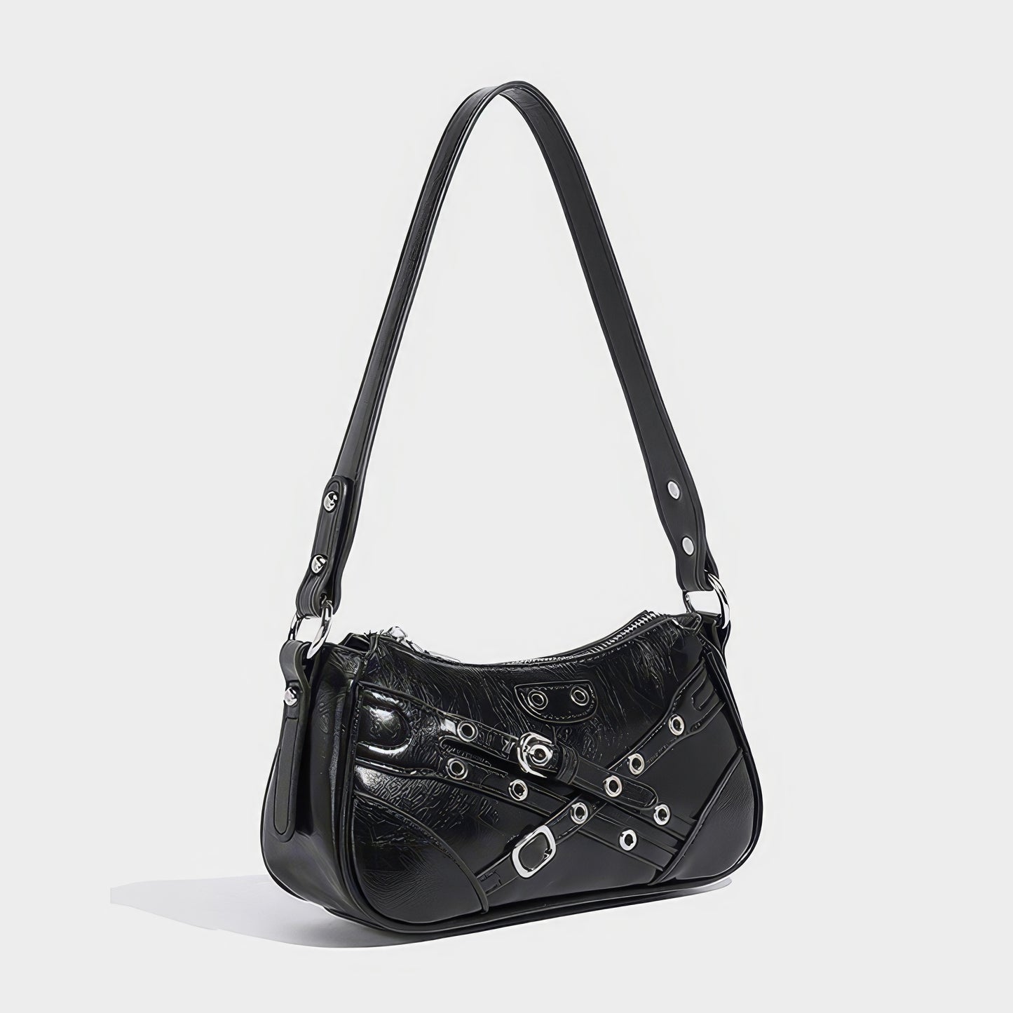 Buckle Strap Glossy Baguette Bag