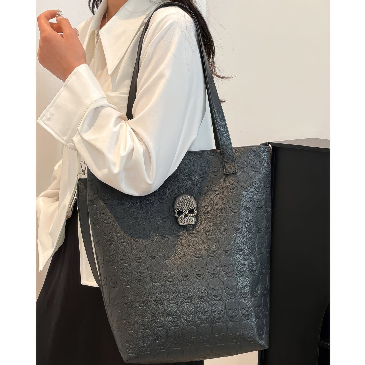 Embossed Skull Accent Structured Tote