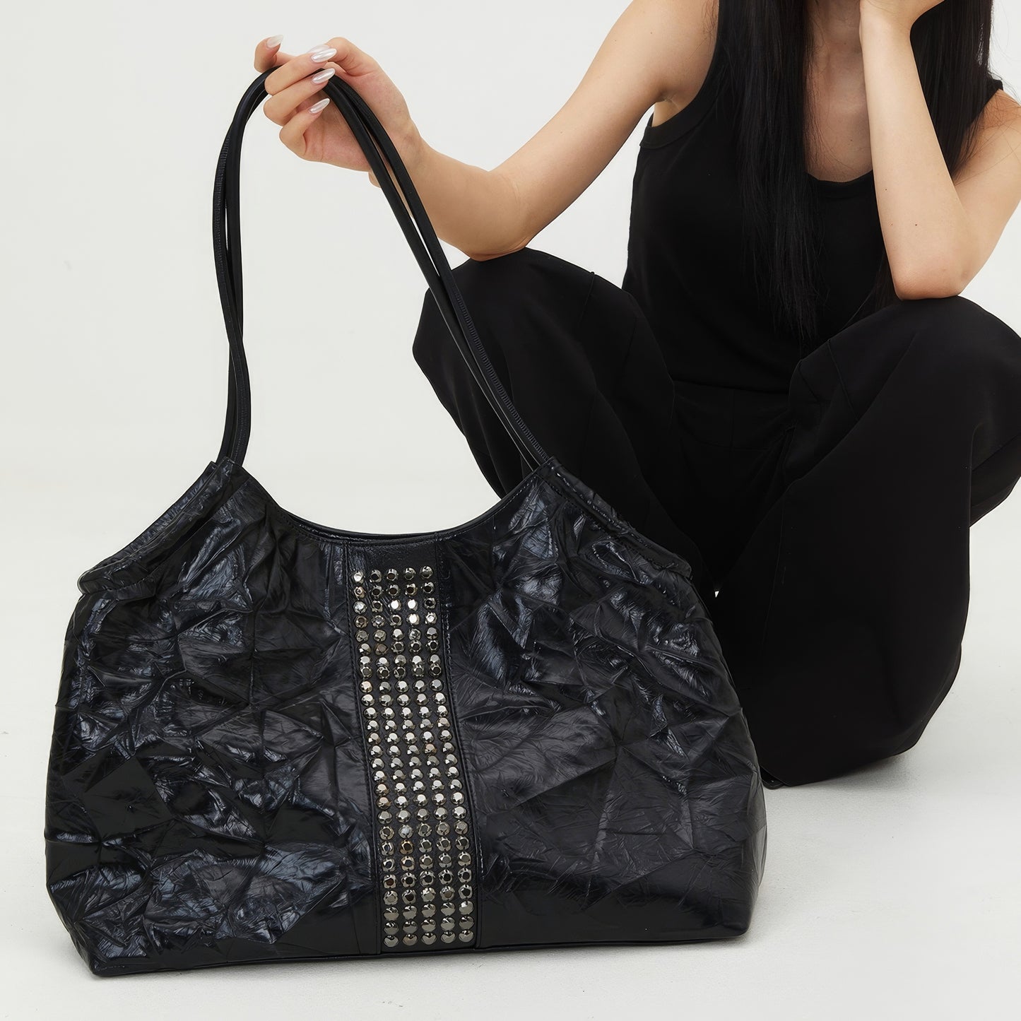 Crinkled Patent Studded Shoulder Bag