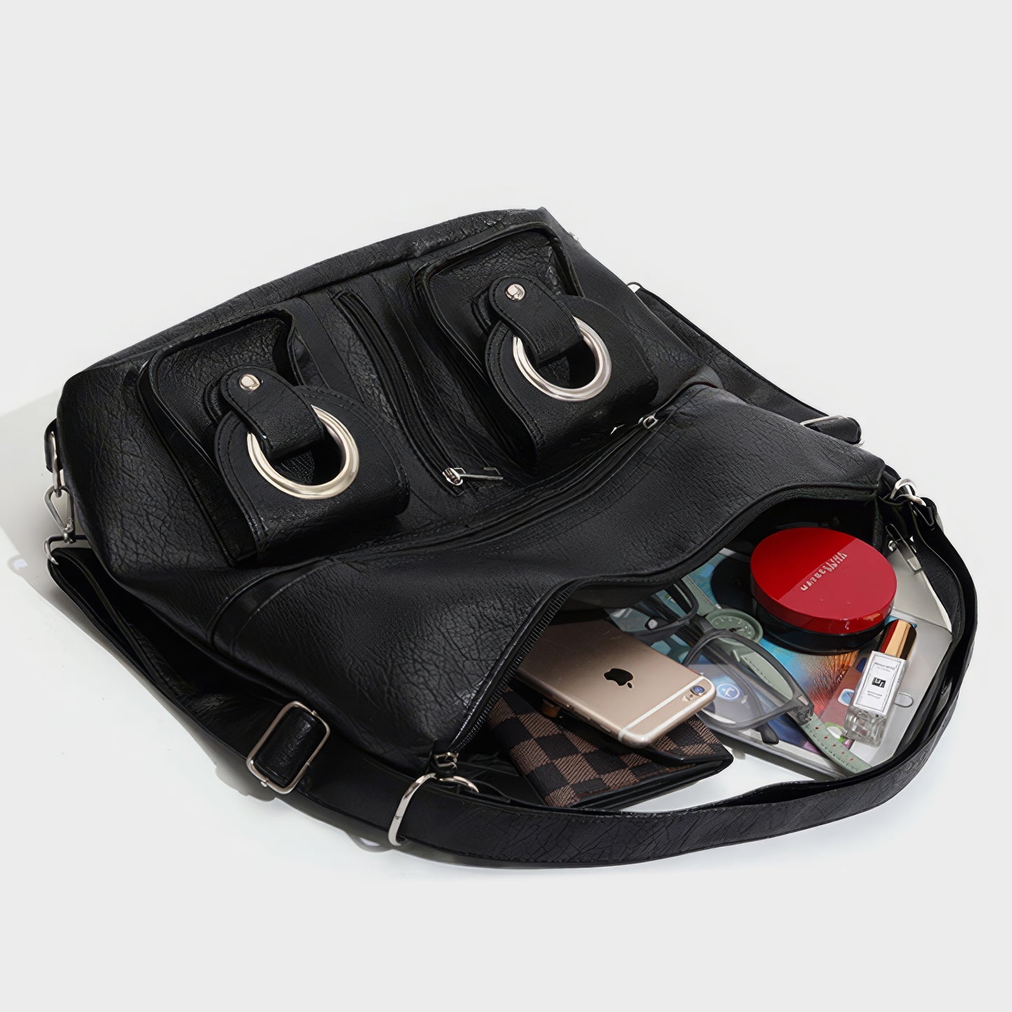 Multi-Pocket Ring Detail Hobo Shoulder Bag