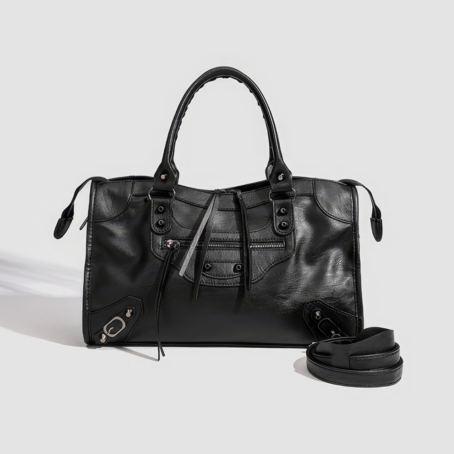 Textured Zip Accent Black Shoulder Bag