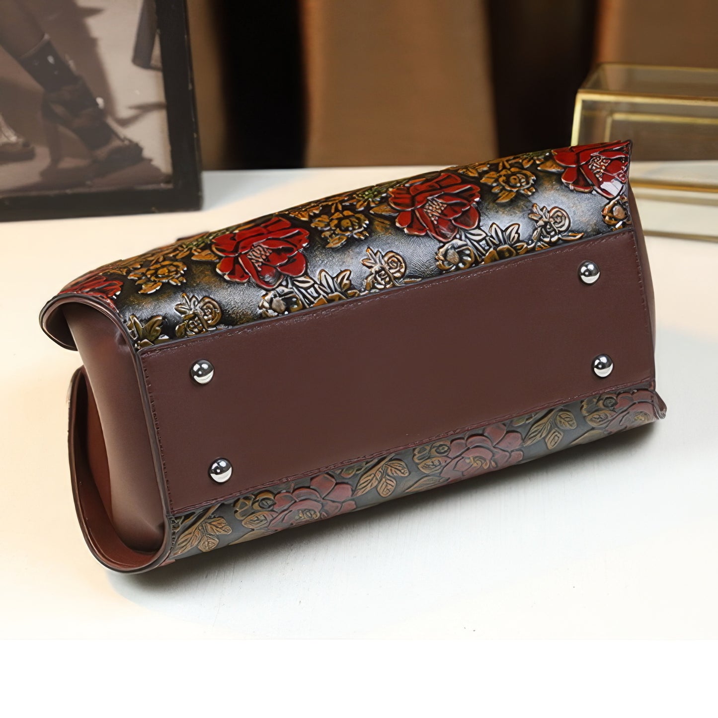 Embossed Rose Pattern Curved Handle Bag
