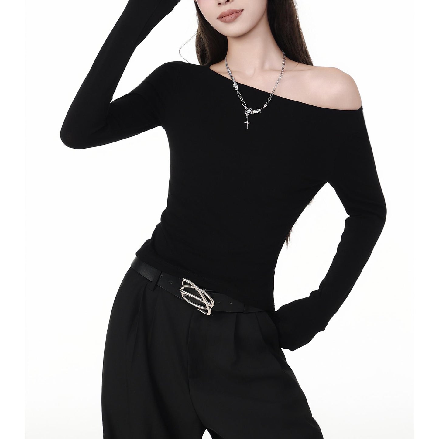 Asymmetrical Off Shoulder Black Top
