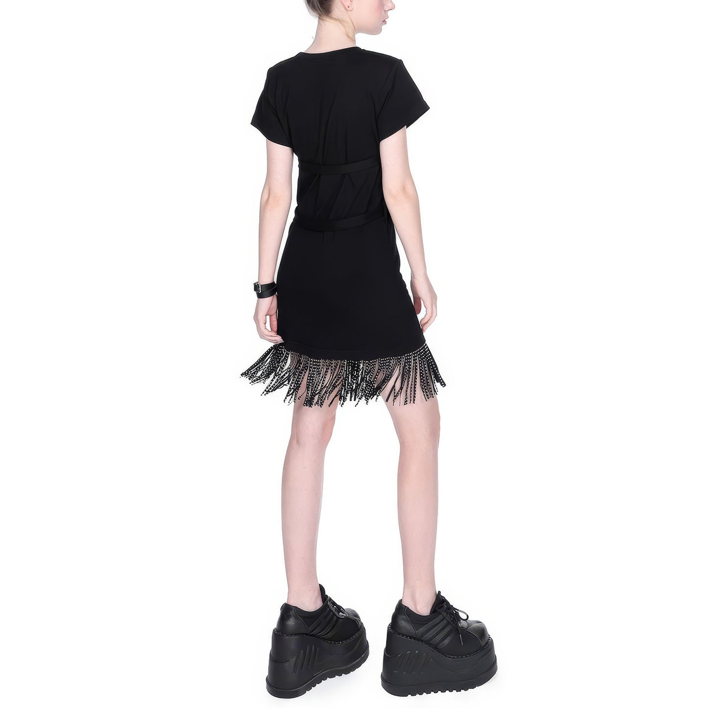 Buckle Strap Asymmetrical Fringe Dress