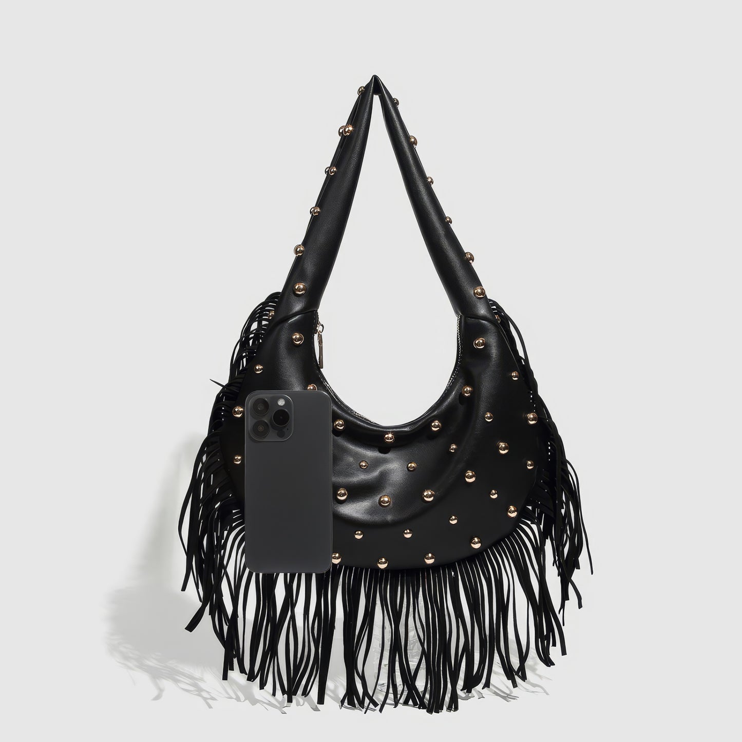 Fringed Studded Crescent Shoulder Bag