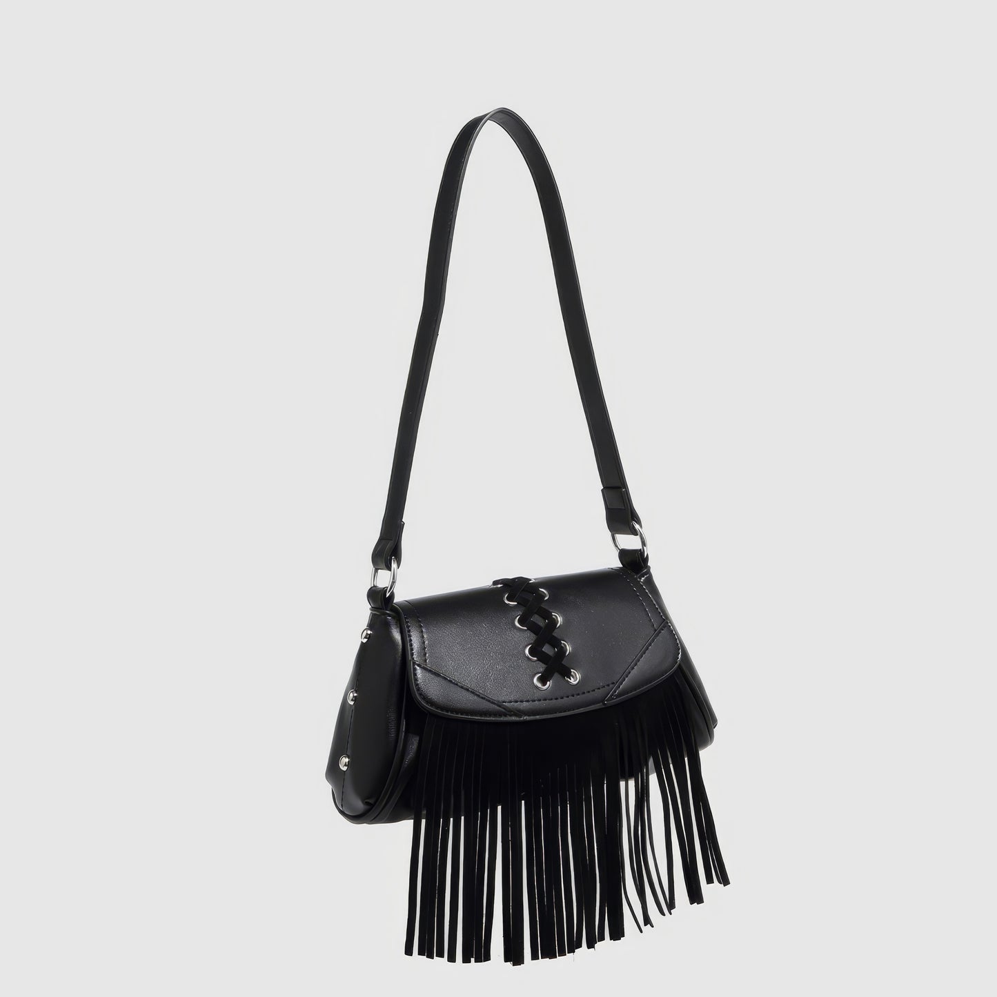 Lace-Up Fringe Flap Shoulder Bag