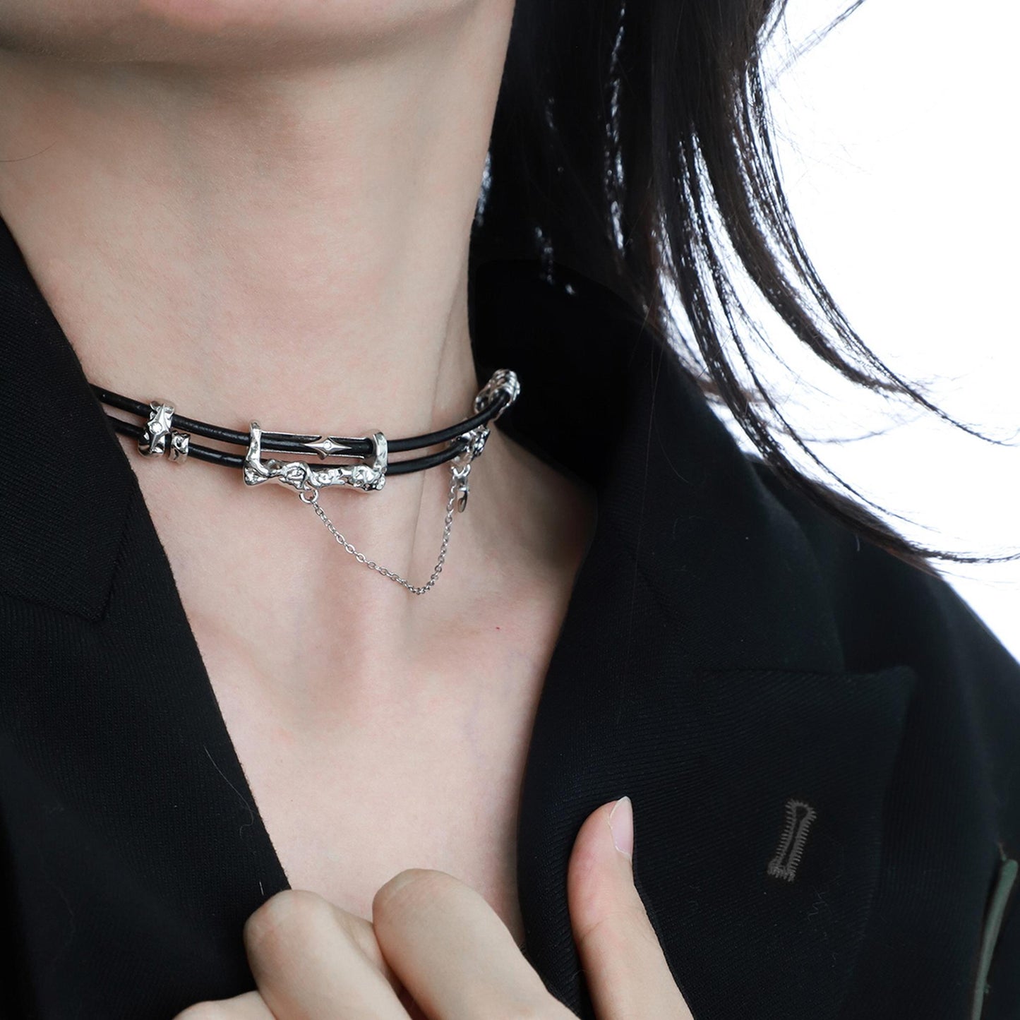 Silver Charm Layered Leather Choker