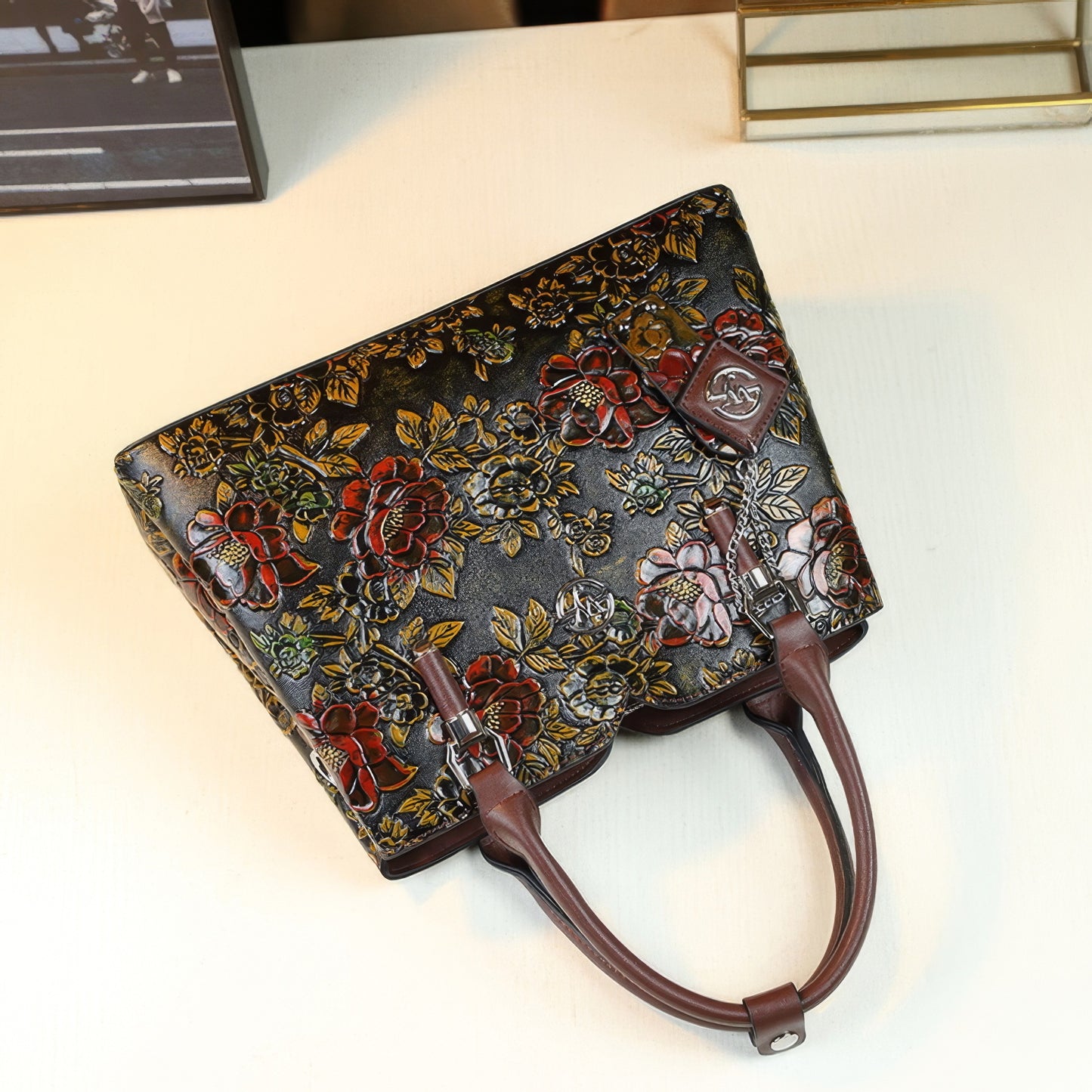 Structured Embossed Floral Shoulder Tote