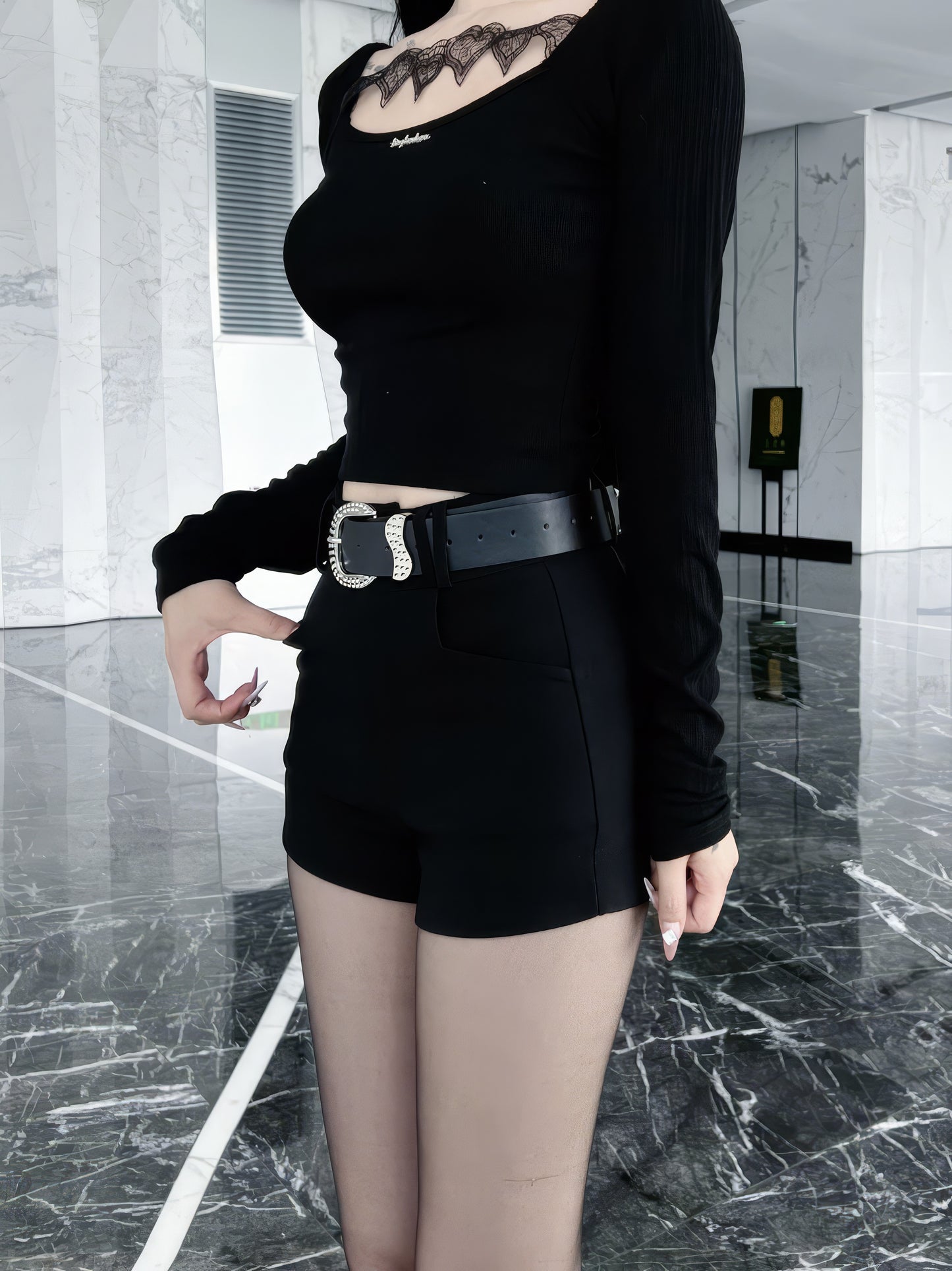 Rhinestone Buckle Black Shorts