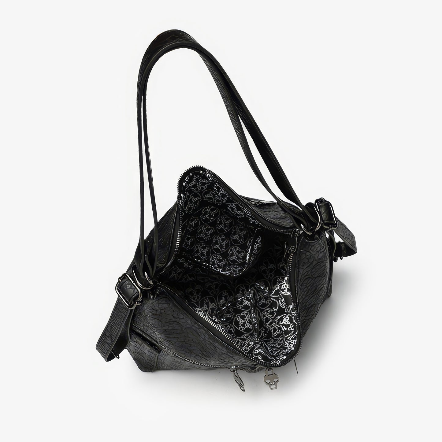 Skull Embossed Zip Detail Hobo Bag