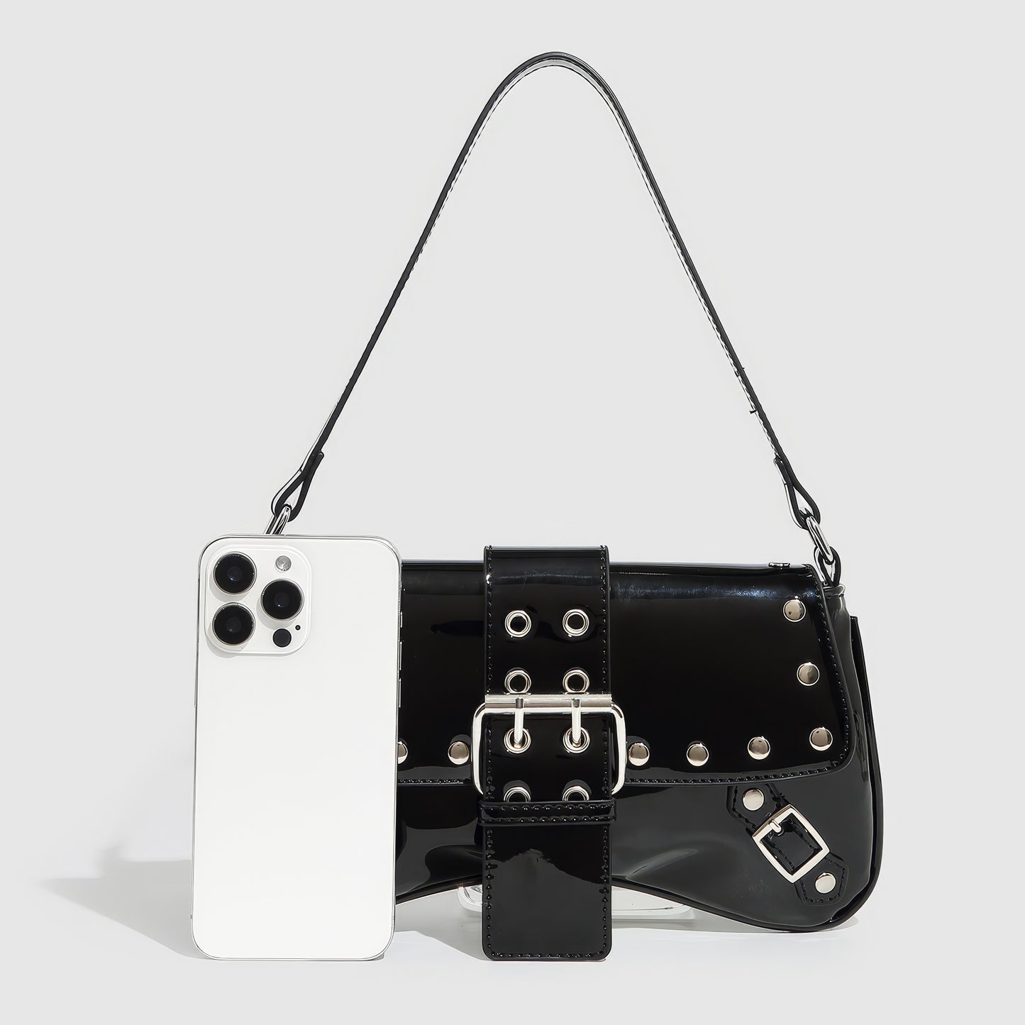 Patent Buckle Strap Black Shoulder Bag