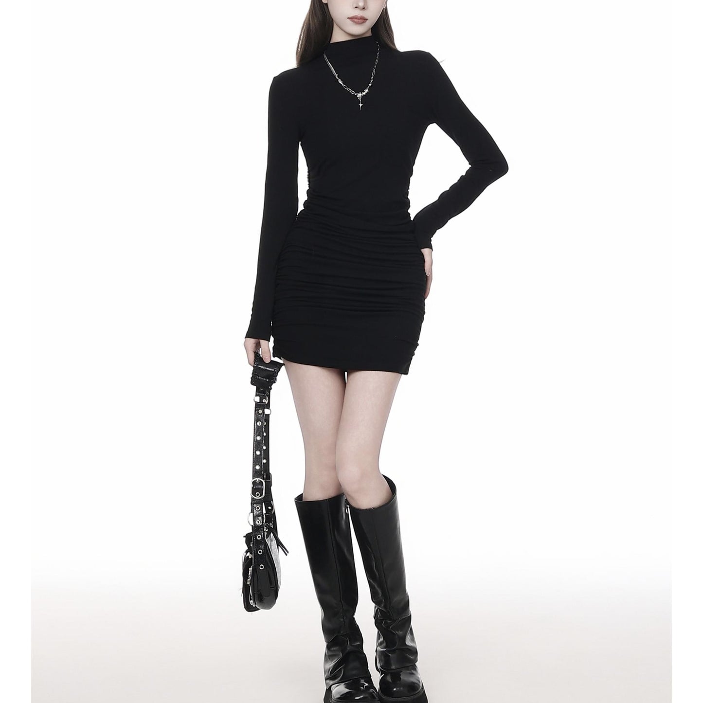 High Neck Ruched Bodycon Mini Dress