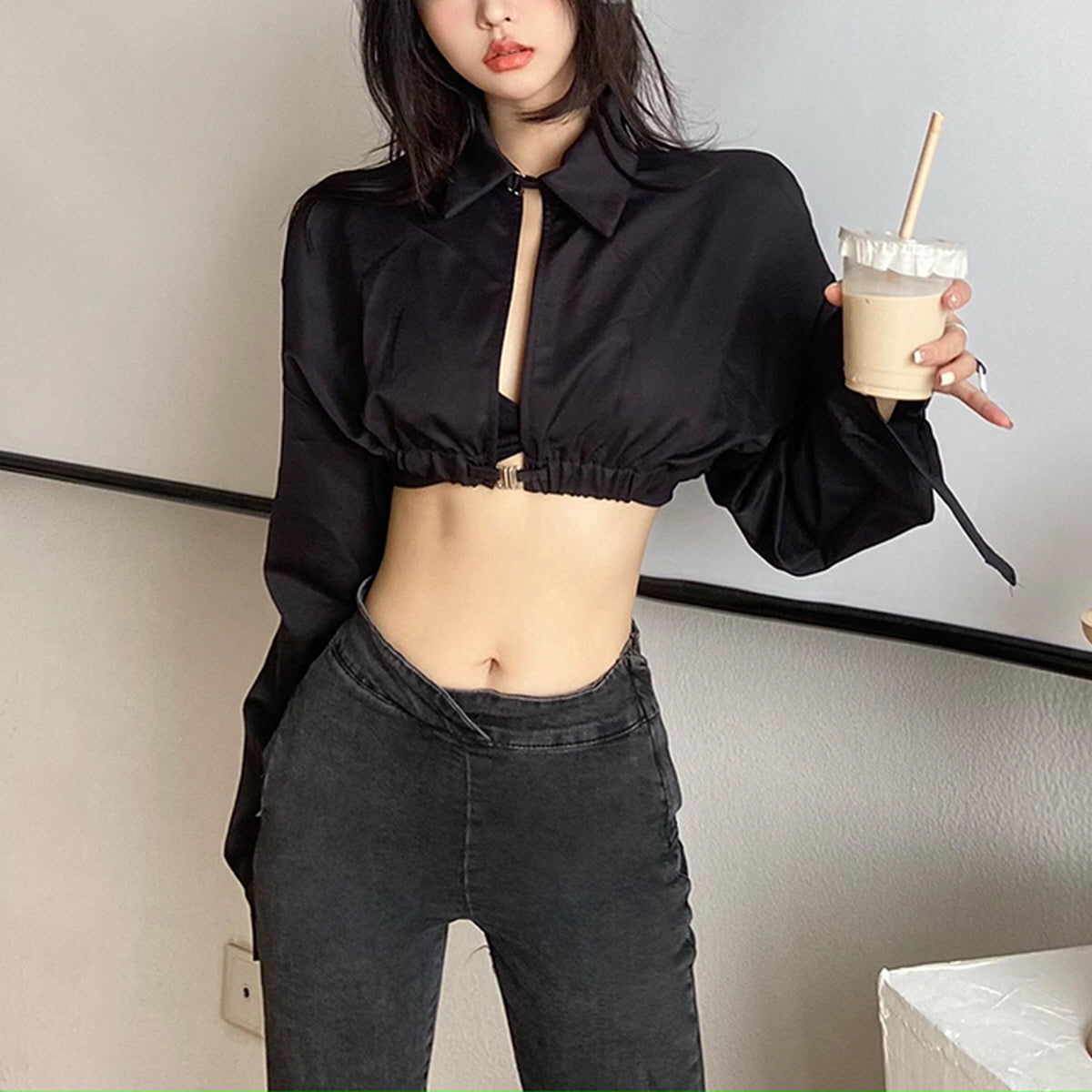 Zip-Up Open Back Bolero Shirt