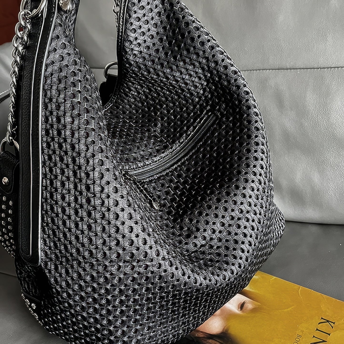 Studded Mesh Chain Strap Hobo Bag