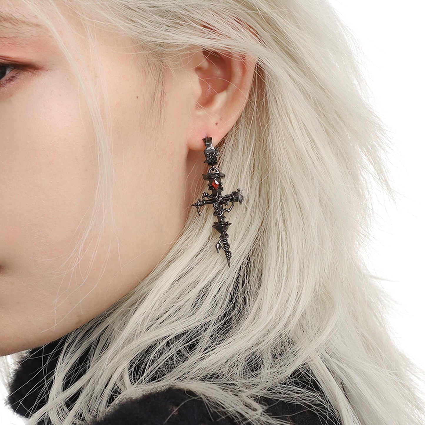 Barbed Rose Cross Drop Earrings