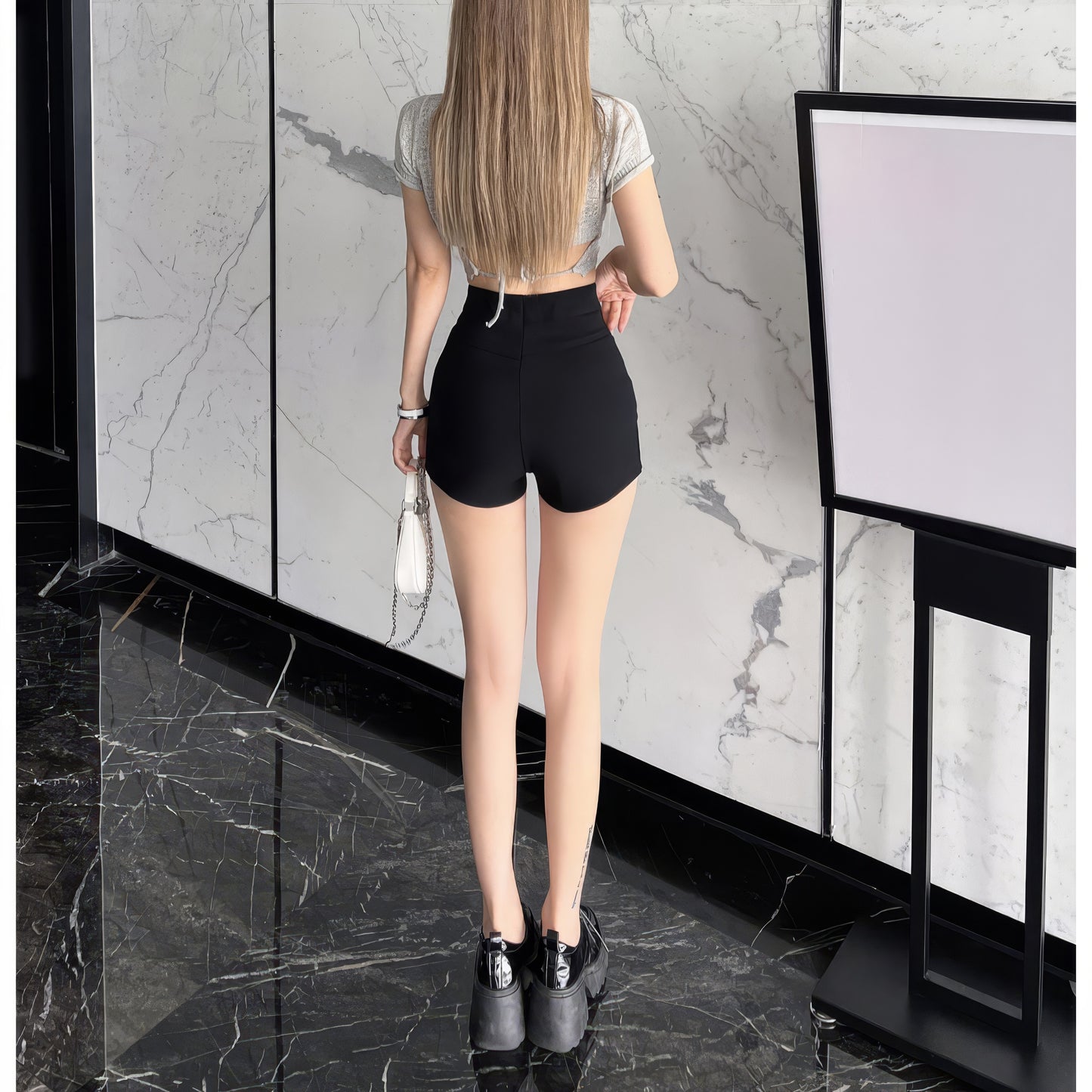 Curved Hem High Waist Black Shorts