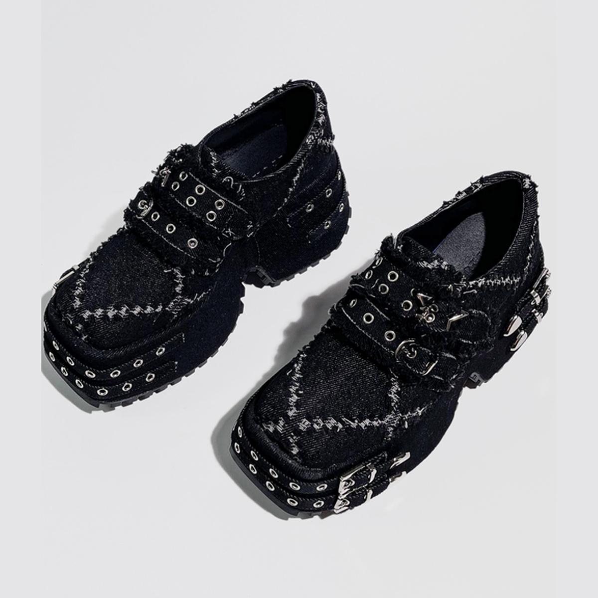 Black Distressed Denim Platform Shoes