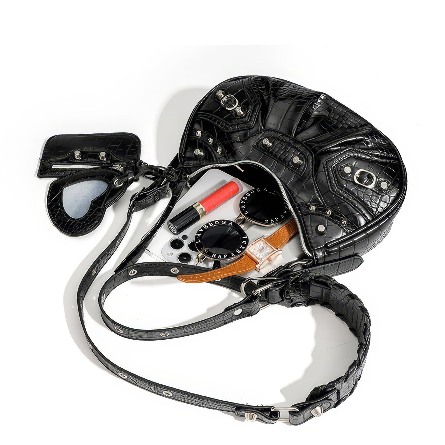 Croc Embossed Heart Charm Shoulder Bag