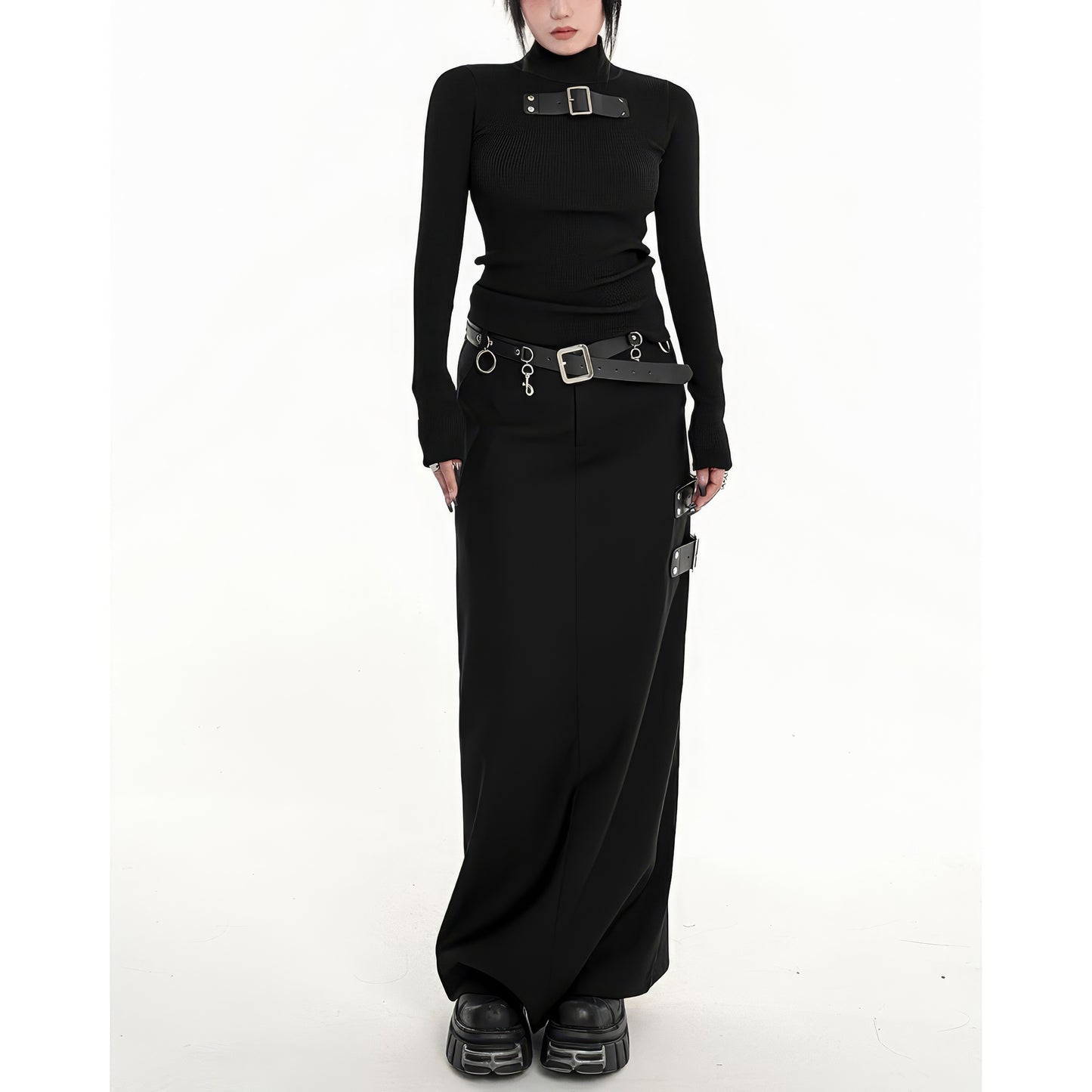 Buckle Strap Side Slit Maxi Skirt