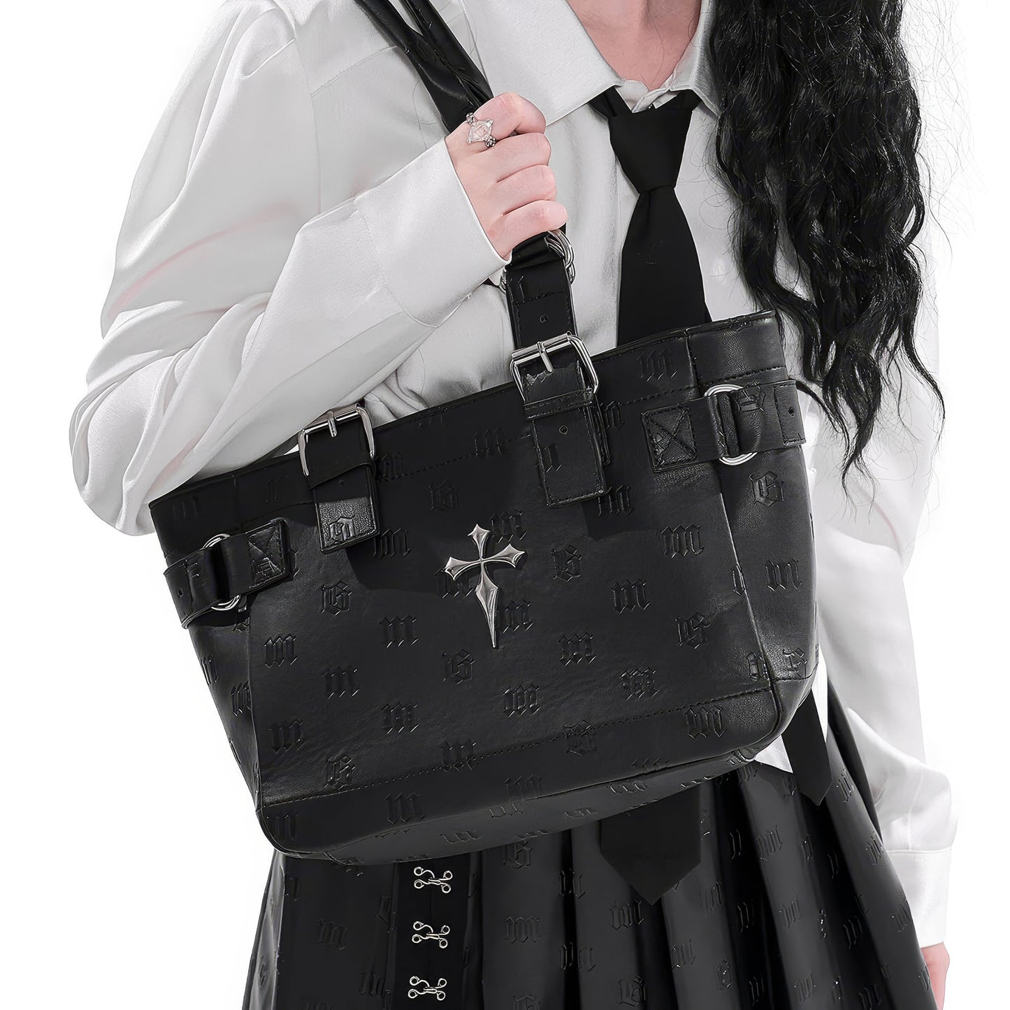 Buckle Detail Embossed Shoulder Bag