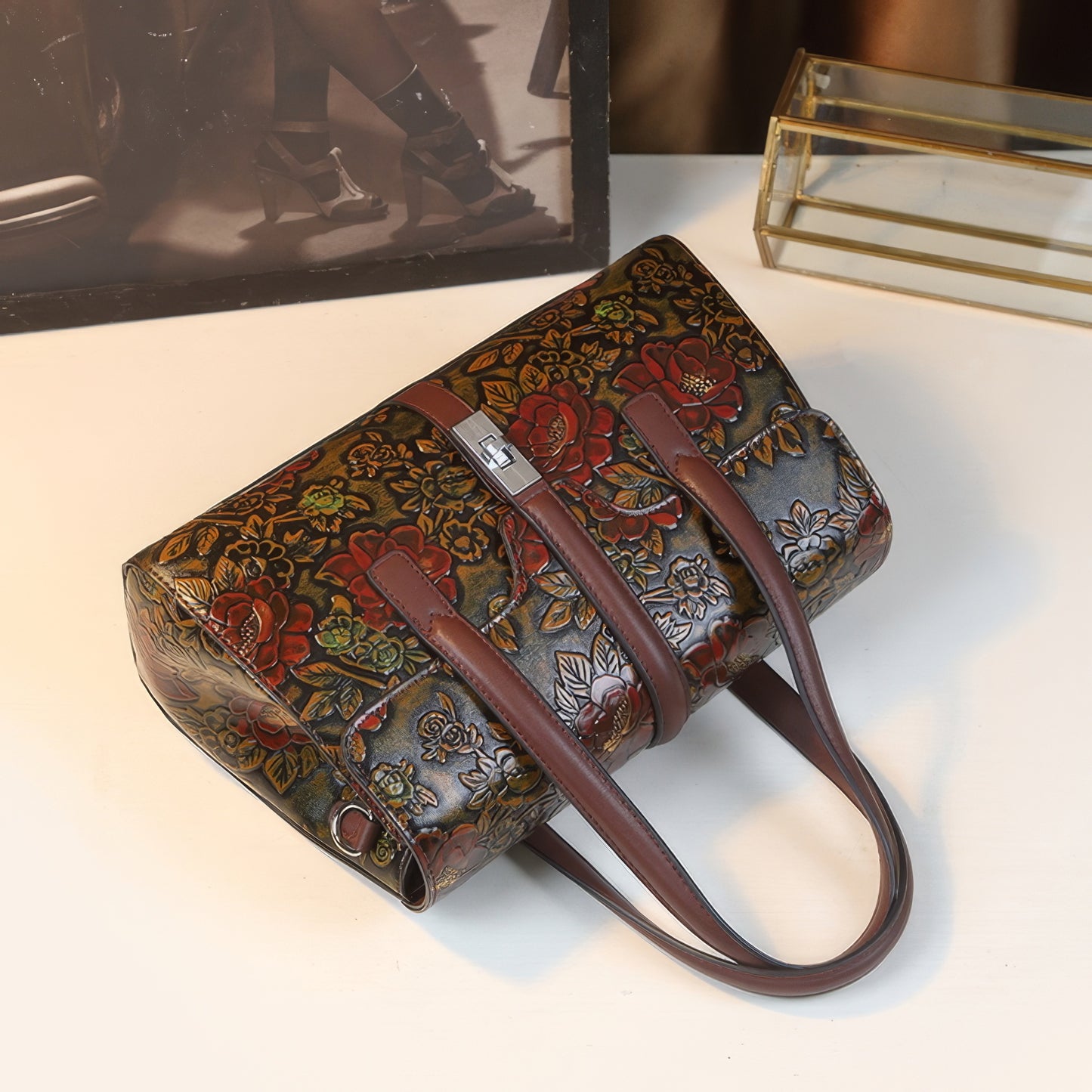 Embossed Vintage Floral Brown Handle Bag