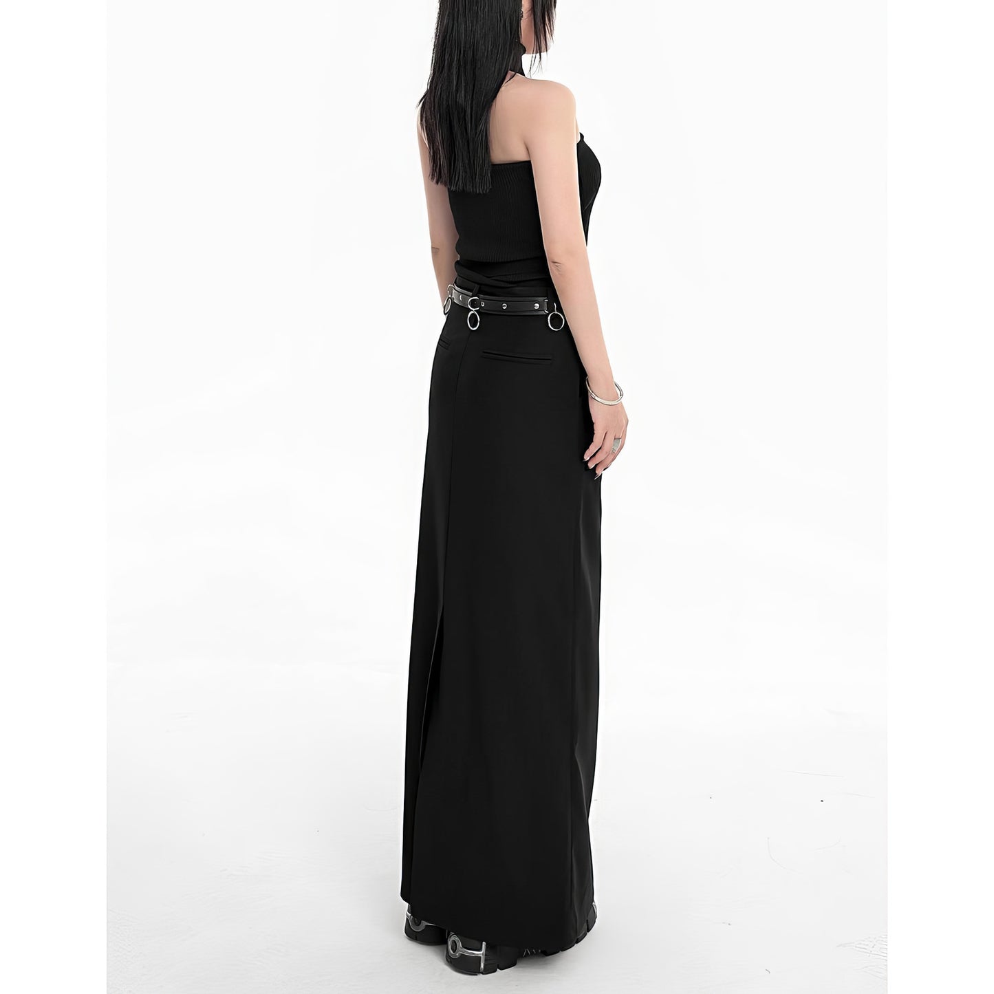 Buckle Strap Side Slit Maxi Skirt