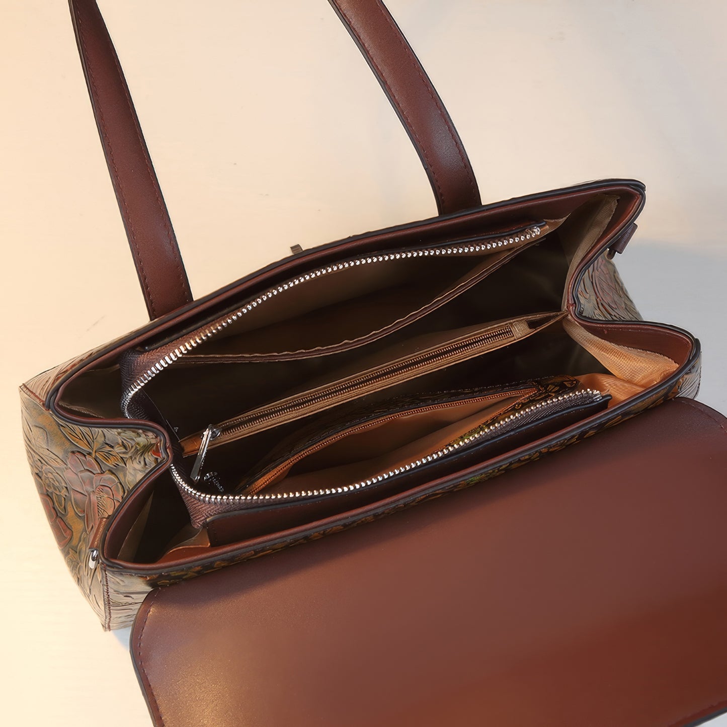 Embossed Vintage Floral Brown Handle Bag
