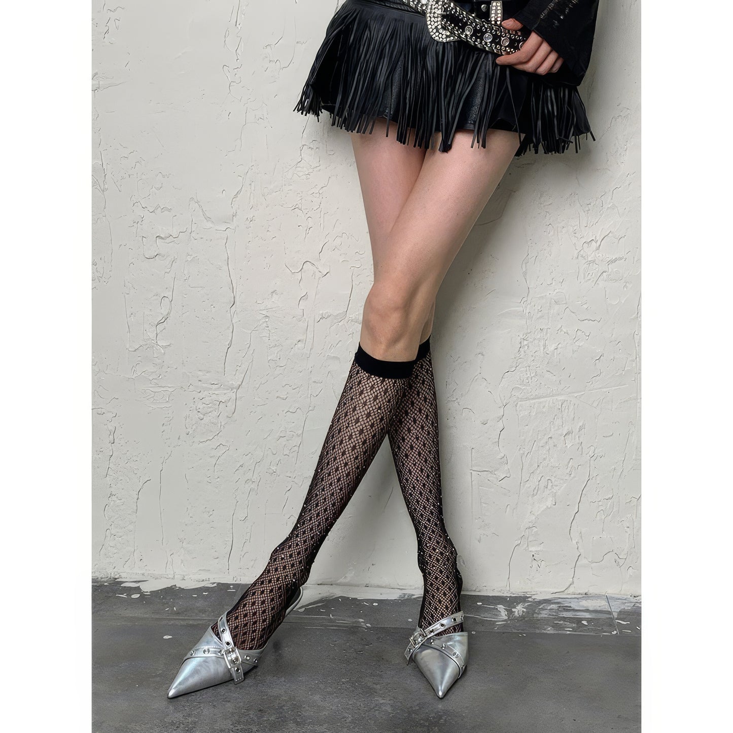 Sheer Diamond Mesh Knee-High Socks