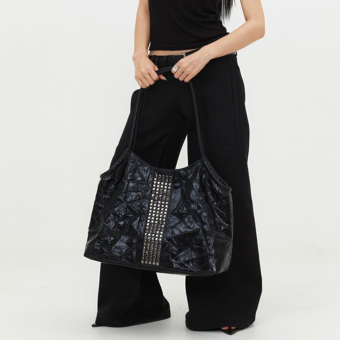 Crinkled Patent Studded Shoulder Bag