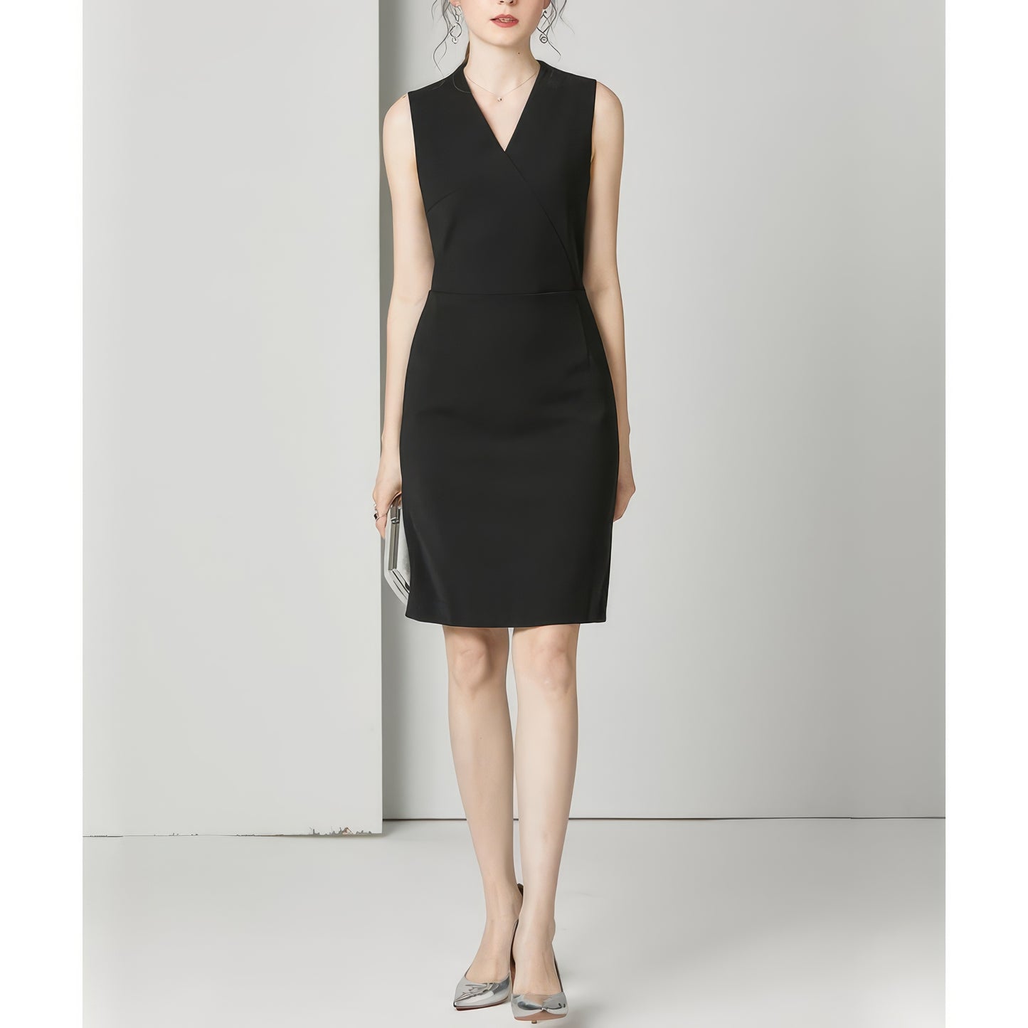 Sleeveless Wrap V-Neck Black Pencil Dress