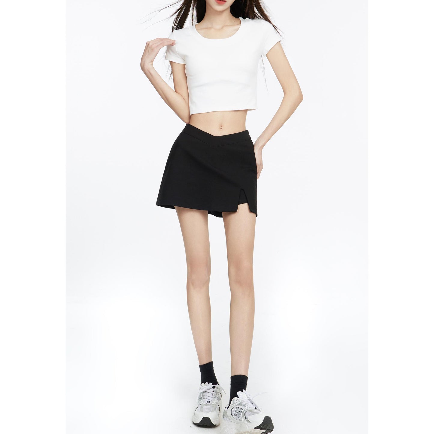V-Waist Slit Hem Mini Skirt