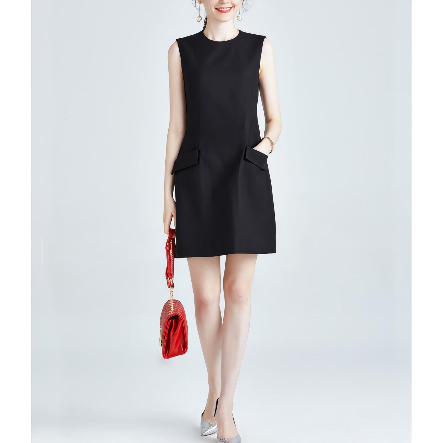 Sleeveless Flap Pocket Black Mini Dress
