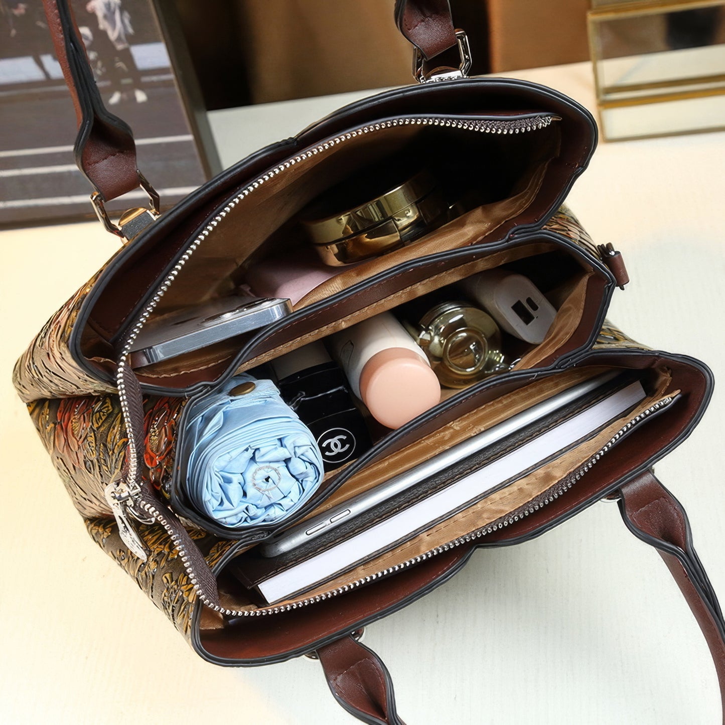 Structured Embossed Floral Shoulder Tote