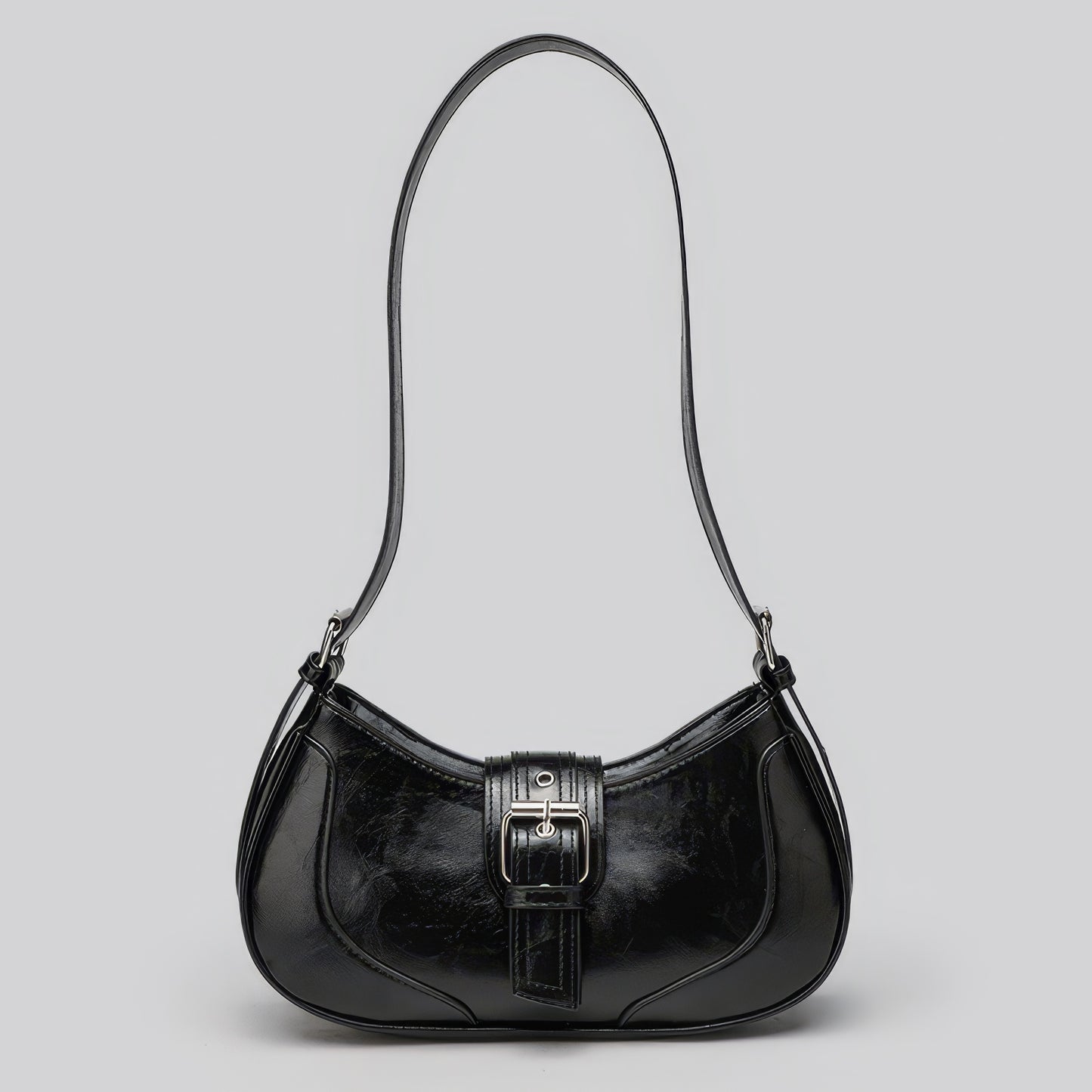 Glossy Buckle Detail Crescent Bag