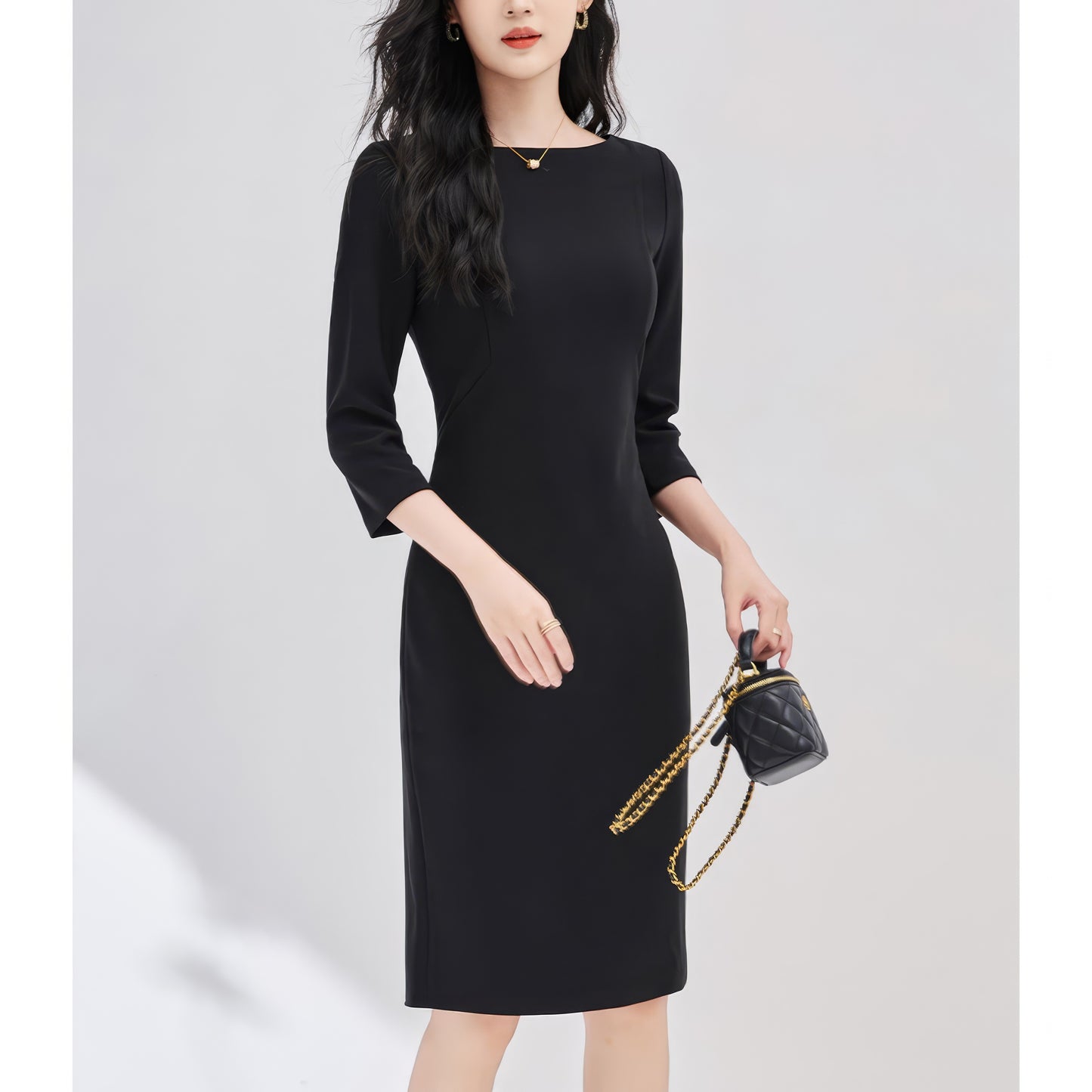 Boat Neck Fitted Black Midi Dress