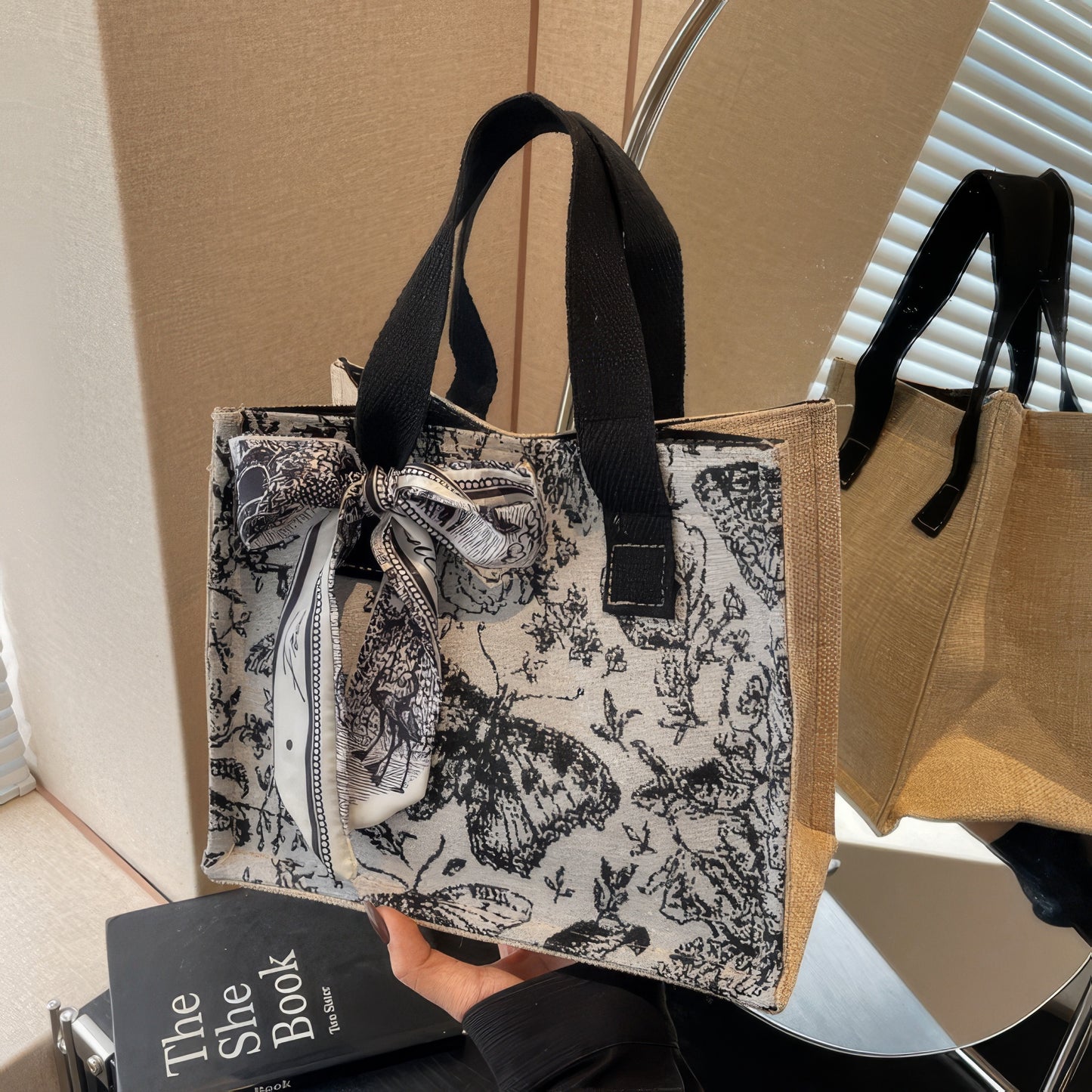 Butterfly Toile Scarf Handle Canvas Tote