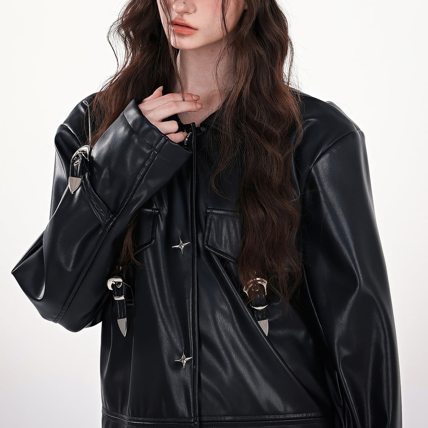 Star Rivet Faux Leather Oversized Jacket
