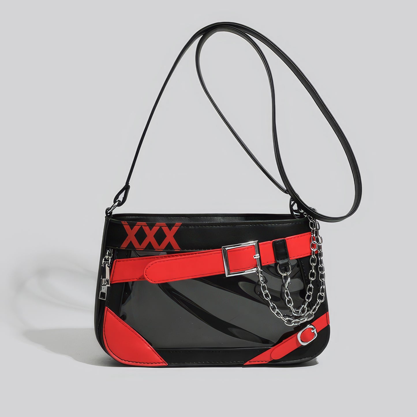 Belt Buckle Chain Detail Vinyl Shoulder Bag