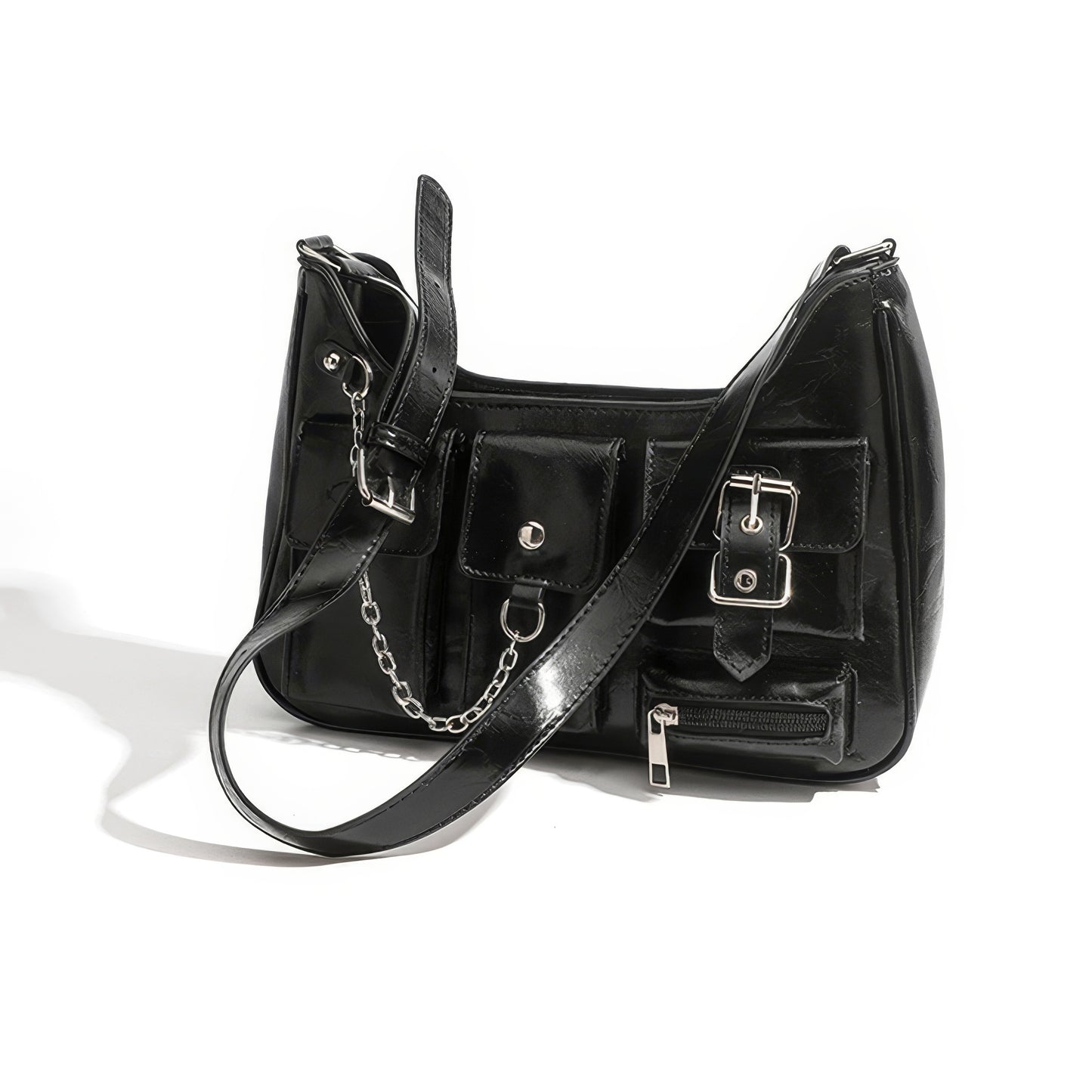 Multi Pocket Chain Accent Black Shoulder Bag