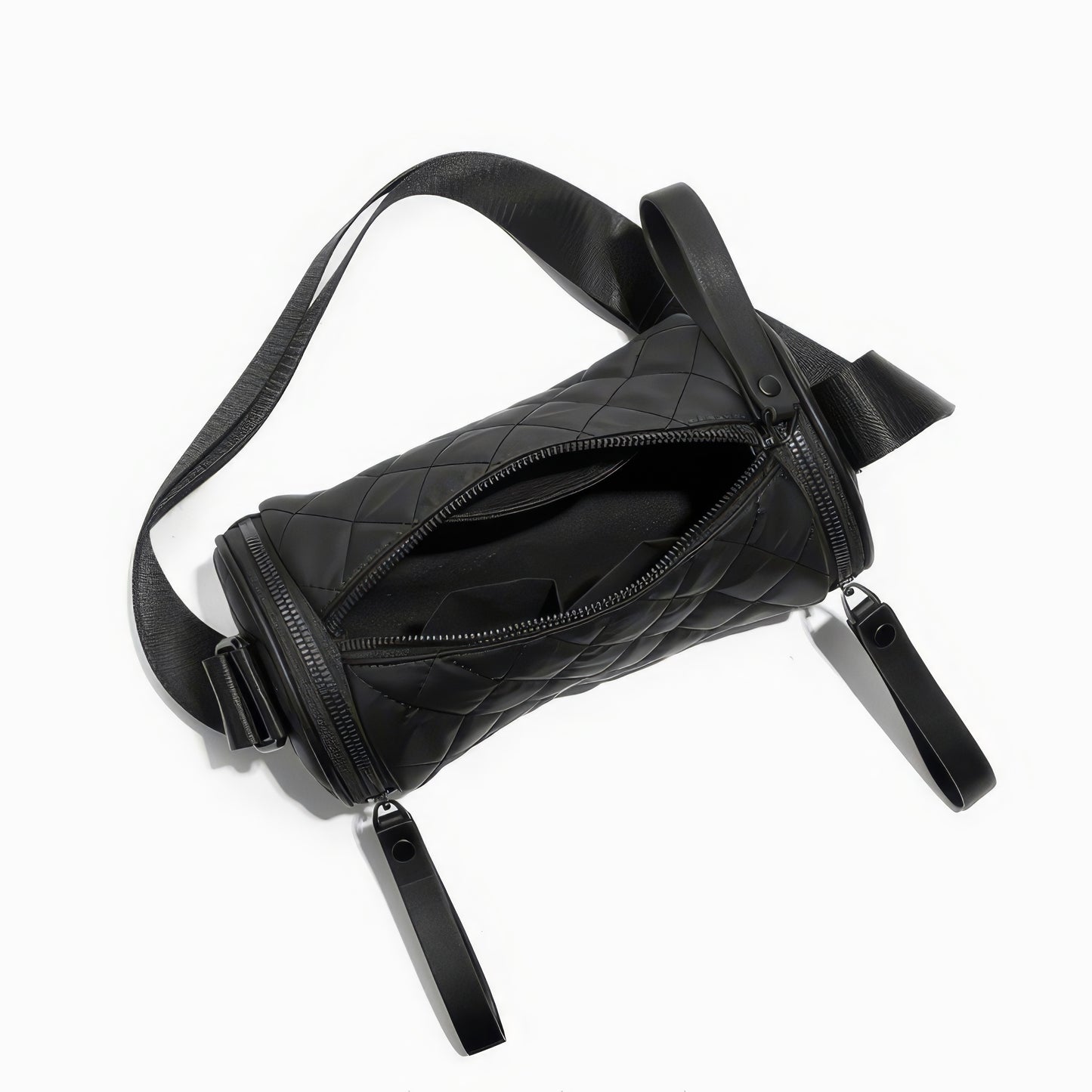 Quilted Barrel-Shaped Black Crossbody Bag
